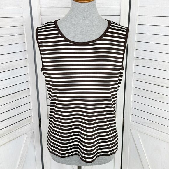 Covington Striped Ribbed Knit Tank Top Brown White Medium Stretchy - Picture 1 of 10